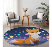 Rugs Living Room Round Cartoon Animals Fox Many Stars 80 cm Washable Circle Rugs, Blue Bedroom Round Area Rug Short Pile Thin Anti Slip Carpet for Dining Room Kids Room Hallway