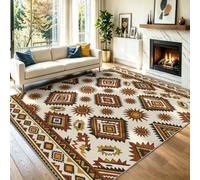 Rugs Living Room Rug 60 × 90 Cream Rust Brown Washable Carpet | Vintage Area Rug,Non Slip,Washable, Rustic Geometric Border for Living Room, Bedroom, Kitchen, Hall, Lounge