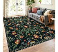 Rugs Living Room Rug 80 × 150 Green Black Washable Carpet | Retro Area Rug,Non Slip,Washable, Rustic floral tulip for Living Room, Bedroom, Kitchen, Hall, Lounge