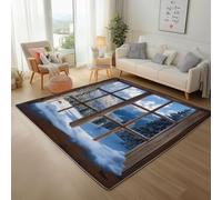 Rugs Living Room - Vintage Cabin Window View Printed Bedroom Carpet 140x200cm Non Shedding Modern Floor Mats and Rugs Soft Touch Non Slip Rug Snowy Mountain Jungle Scenery Large Rug