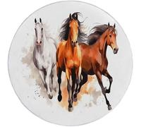 Rugs Round 120 cm, Living Room Non-Slip Area Rug Round Machine Washable Floor Carpet, Short Pile Soft Watercolour Hand-Painted Animal Horse Circle Rug White Brown for Living Room Kids Room Decor