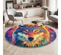 Rugs Round 120cm Fantasy Style Washable Circle Rugs Mighty Wolf Round Area Rug Short Pile 6mm Thin Anti Slip Carpet for Dining Room Kids Room Living Room, Multicolor