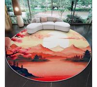 Rugs Round Hiyama Cherry Blossoms Mountains And Rivers Living Room Modern Non-Slip Area Rug Round Machine Washable Pile Soft 90 cm (Round) for Living Room Bedroom Nursery Decor Red Orange