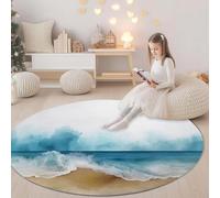 Rugs Round Simple Waves Beach 160 cm Living Room Modern Non-Slip Area Rug Round Machine Washable Floor Carpet Short Pile Soft Minimalist Circle Carpet for Bedroom Kids Room Decor, Light Blue