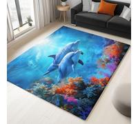 Rugs Stain Resistant Floor Carpet 2x3.6, TPR Non Slip Rug Machine Washable Home Fast Dry Low Pile Soft, 3D Dolphins Killer Whales Marine Life Coral Reefs, for Living Room, Dining Room Home Office Blue