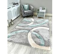 RUGS SUPERSTORE NEW DUCK EGG GREY SILVER IVORY SILKY SOFT SHAG PILE RUG RINGS DESIGN CONTEMPORARY SHAGGY MAT (150X210 CM)