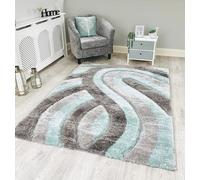 RUGS SUPERSTORE NEW DUCK EGG GREY SILVER SILKY SOFT SHAG PILE RUG SWIRL DESIGN CONTEMPORARY SHAGGY MAT (80X150 CM)