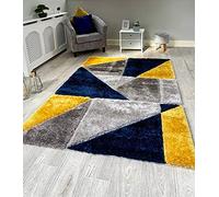 RUGS SUPERSTORE NEW MUSTARD OCHRE NAVY GREY SILVER SILKY SOFT SHAG PILE RUG TRIANGLE DESIGN CONTEMPORARY SHAGGY MAT (150x210cm)