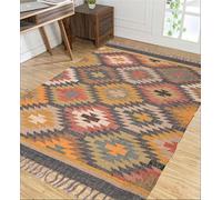 RugsJaipurIndia Natural Wool Jute Kilim Rug - Vintage Style Handcrafted Boho Moroccan Tribal Carpet - Durable Reversible Flatweave Area Rug for Modern Interiors 5x12 FT