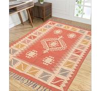 RugsJaipurIndia Wool Jute Kilim Rug - Handwoven Boho Moroccan Area Carpet, Vintage Geometric Pattern, Natural Eco-Friendly Floor Rug for Living Room, Bedroom & Hallway 5x8 FT