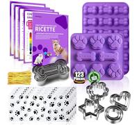 RUGVOMWM 123 Pcs Homemade Silicone Dog Treats Set - 2 Molds, 5+12 Cookie Cutters, 4 Recipes, 50 Bags & Ties