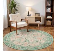 Rugxara 4ft Floral Round Rug, Washable Circle Rug, Green Boho Round Area Rug, Non Slip Low Pile Carpet for Living Room,Bedroom,Entryway,Dining Room,Girls Room,Office and Nursery(Sage Green 4ft)