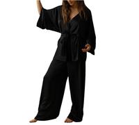 RUHANE Sexy Satin Pajamas for Women 2-pcs Sleepwear Soft Imitation Silk Kimono robe Loungewear Pjs Set,Black,M
