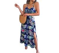 RUHANE Women's Sexy V Neck Floral Maxi Dress Boho Printed Adjustable Spaghetti Strap Beach Long Dress Maxi Dresses,Blue,M