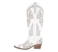 RUHTEUO Ladies cowboy boots Women Pointed Toe Embroidered White Western Cowboy Boots Block Heel Pull-On Cowgirl Booties Wide calf cowboy boots for women(Color7,11)