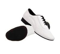 RUHTEUO Men Salsa Tango Modern Leather Square Heels Adults Party Latin Dance White Low Heel Ballroom Dancing Shoe Rumba Jazz Shoes(White Suede Indoor,45)