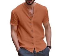 RUHTEUO Men's Shirt Cotton Short Sleeve Casual Solid Color Retro Street Style Summer Loose Collar Simple Cardigan(Orang,S)
