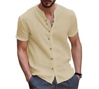 RUHTEUO Men's Shirt Cotton Short Sleeve Casual Solid Color Retro Street Style Summer Loose Collar Simple Cardigan(Khaki,XXL)