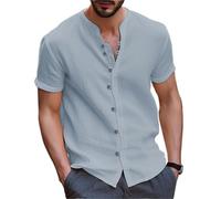 RUHTEUO Men's Shirt Cotton Short Sleeve Casual Solid Color Retro Street Style Summer Loose Collar Simple Cardigan(Gray,XXXL)