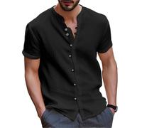 RUHTEUO Men's Shirt Cotton Short Sleeve Casual Solid Color Retro Street Style Summer Loose Collar Simple Cardigan(Black,S)