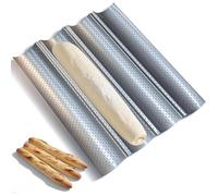 RUHUHUR 38x33CM Baguette Baking Tray French Bread Pan for 4 Baguettes with Non-Stick Coating,Silver Grooves Waves French Thickened Perforated Multi Slot Pan for Oven Baking Baguette Mould Accessories