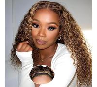 RUI MEI SI Glueless Wigs Human Hair Pre Plucked Pre Cut 4/27 Highlight Ombre Honey Blonde Curly Wigs Human Hair for Beginners 4x4 Deep Wave Lace Closure Glueless Wigs for Black Women 18 Inches