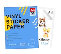 Ruibytree Printable Glossy Vinyl Sticker Paper for Inkjet Printer - A4 Size (297 x 210 mm) Glossy White DIY Self-Adhesive Sticker Compatible with Cricut, Dries Quickly Vivid Colors (30 Sheets)