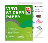 Ruibytree Printable Matte Vinyl Sticker Paper for Inkjet Printer - A4 Size (297 x 210 mm) White Matte DIY Self-Adhesive Sticker Compatible with Cricut, Vivid Colors (60 Sheets)