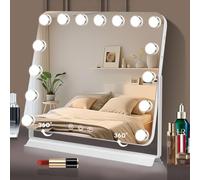 Ruication Hollywood Vanity Mirror with Lights, 360° Rotating Large Lighted Makeup Mirror with 15 Dimmable Bulbs, 3 Light Modes, Smart Touch Control Type-C and USB Output Port White (58×52cm)