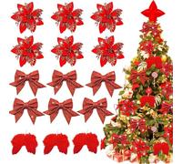 Ruichi 15pcs Red Christmas Decorations, Red Flowers for Christmas Tree, Christmas Artificial Flowers, Red Artificial Poinsettia Flowers, Wings, Bows, Bows for Christmas Tree Garland Wreath Gift