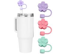 RUICHING 3PCS Silicone Flower Straw Caps, Reusable Pink Purple Green Straw Protectors, Dust-Proof, Soft, Anti-Slip, Easy to Clean, Silicone Material