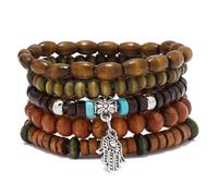 RUICHING Boho Beaded Bracelets, Wooden Bead Bracelet, Palm Pendant Blue Brown Multi-layer Bracelet Hippy Accessories Gifts for Women Men