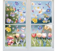 RuiChy 9 Sheets Spring Summer Window Stickers, 116 Pcs Double Sided Wildflower Tulip Butterflies Hummingbird Windows Decals, Reusable Static Cling Glass Stickers Anti-Collision Window Clings