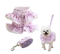 RuiChy Dog Vest Harness and Leash Set, Lace Floral Print Pet Apparel Adjustable Breathable Mesh Cat Harness and Lead, Puppy Kitten Princess Skirt for Medium Large Dogs Cats Walking Training (Purple-L)