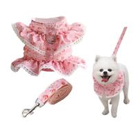RuiChy Dog Vest Harness and Leash Set, Lace Floral Print Pet Apparel Adjustable Breathable Mesh Cat Harness and Lead, Puppy Kitten Princess Skirt for Medium Large Dogs Cats Walking Training (Pink-L)