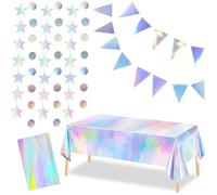 RuiChy Iridescent Party Tablecloth Bunting Banner Garlands Kit, Holographic Foil Plastic Table Cloth Triangle Flags Circle Dot Star Streamer Paper Banner Backdrop for Disco Party Birthday Decor