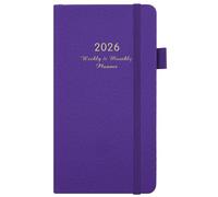 RuiChy Pocket Diary 2026 Full Year 18 x 9.8 cm Slim Weekly Planner, PU Leather Hardback Week to View Appointment Diary Pocket Notebook with Pen Holder Elastic Strap & Ribbon Bookmark (Dark Purple)