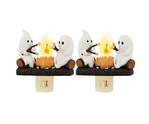 RuiDay Ghost Campfire Flickering Night Light, Plug-in Ghost Pumpkin Halloween Decorations (2 Pcs)
