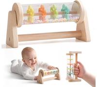 RuiDay Montessori Rainmaker Toy with Stand, Wooden Sensory Musical Toys | Spinning Rain Stick Rattle Toy, with Clear Tube, Colored Flower Discs and Beads, Early Learning Educational Toys