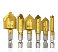 Ruidee 6 Pcs Countersink Drill Bits Set Hex Shank Wood Drilling Bits High Speed Steel Chamfering Drill Bit 5 Flute 90 Degree Center Punch Tool Quick Change Bit (LJZ-6)
