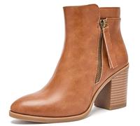 Ruiee Women's Ankle Boots Chunky Heeled Booties Classic Casual Comfortable Fall Winter Pointed Closed Toe Short Boots for Women.240978 Brown PU UKSize5.5