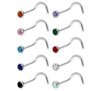 Ruifan ASTM F136 Titanium Nose Rings 18G 20G 22G Jeweled Mix Color Cubic Zirconia Nose Studs Ring Screw L-Shaped Bone Hypoallergenic Body Piercing Jewelry for Women 1.5mm 2mm 2.5mm 3mm 10PCS, 20G