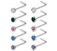Ruifan ASTM F136 Titanium Nose Rings 18G 20G 22G Jeweled Mix Color CZ Nose Studs Ring Screw L-Shaped Bone Hypoallergenic Nostril Body Piercing Jewelry for Women 1.5mm 2mm 2.5mm 3mm 10PCS, 20G(0.8mm