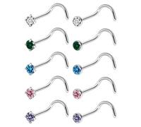 Ruifan ASTM F136 Titanium Nose Rings 18G 20G 22G Jeweled Mix Color CZ Nose Studs Ring Screw L-Shaped Bone Hypoallergenic Nostril Body Piercing Jewelry for Women 1.5mm 2mm 2.5mm 3mm 10PCS, 20G(0.8mm