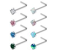 Ruifan ASTM F136 Titanium Nose Rings 18G 20G 22G Jeweled Mix Color CZ Opal Nose Studs Ring Screw L-Shaped Bone Hypoallergenic Nostril Body Piercing Jewelry for Women 1.5mm 2mm 2.5mm 3mm 8PCS, 20G