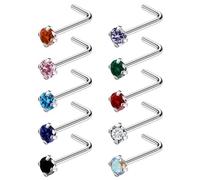 Ruifan ASTM F136 Titanium Nose Rings 18G 20G 22G Mix Color Cubic Zirconia Nose Studs Ring Screw L-Shaped Bone Hypoallergenic Body Piercing Jewelry for Women 1.5mm 2mm 2.5mm 3mm 10PCS, 22G(0.6mm)-3mm