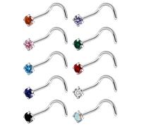 Ruifan ASTM F136 Titanium Nose Rings 18G 20G 22G Mix Color Cubic Zirconia Nose Studs Ring Screw L-Shaped Bone Hypoallergenic Body Piercing Jewelry for Women 1.5mm 2mm 2.5mm 3mm 10PCS, 18G(1.0mm)-1.5mm