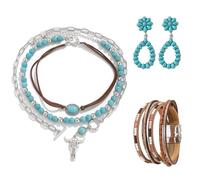 RUIFUU Bohemian Turquoise Dangle Earrings Necklace Bracelet Set, Western Jewelry for Women Bullhead Pendant Layered Choker Boho Faux Leather Wristband Country Concert Cowgirl Accessories