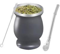 Ruikcoll Yerba Mate,Yerba Mate Cup, Double-Wall Yerba Tea Set, Yerba Cup, with Straw Spoon and Cleaning Brush, for Yerba Mate Drink, Coffee, Milk and Juice, Grey,8oz