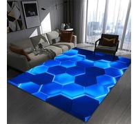 RUILBJM Bedroom Gaming Rug, 3D Visual Geometric Neon Pattern, Non-slip Bottom Soft Flannel Floor Mat, Living Room Carpet, for Teenagers Computer Game Room, Cool Decoration (Blue,100x150 cm)
